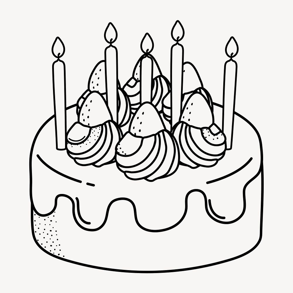Birthday cake doodle collage element, cute black & white illustration vector