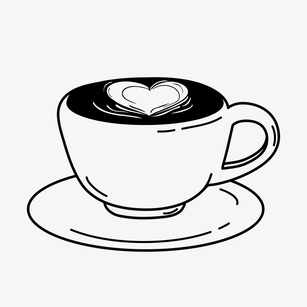 Heart coffee doodle clipart, cute black & white illustration psd