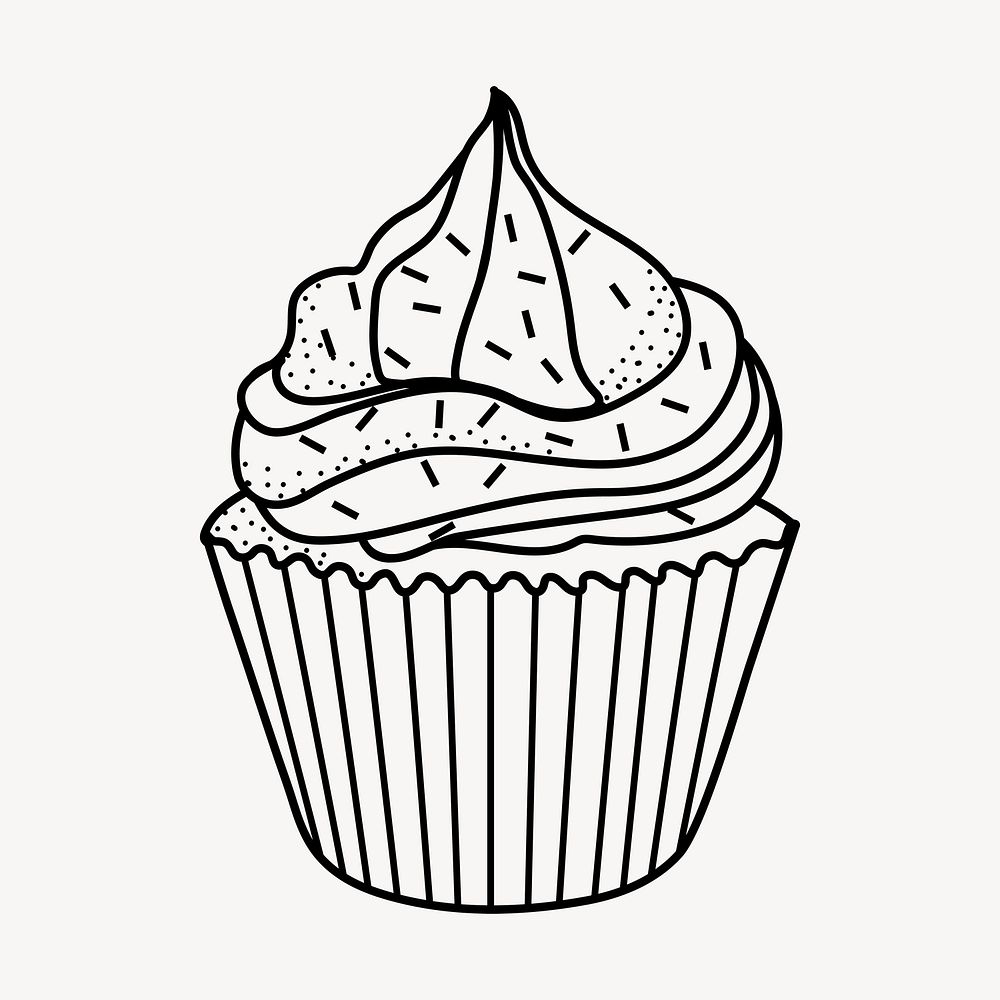 Cupcake doodle clipart, cute black & white illustration psd