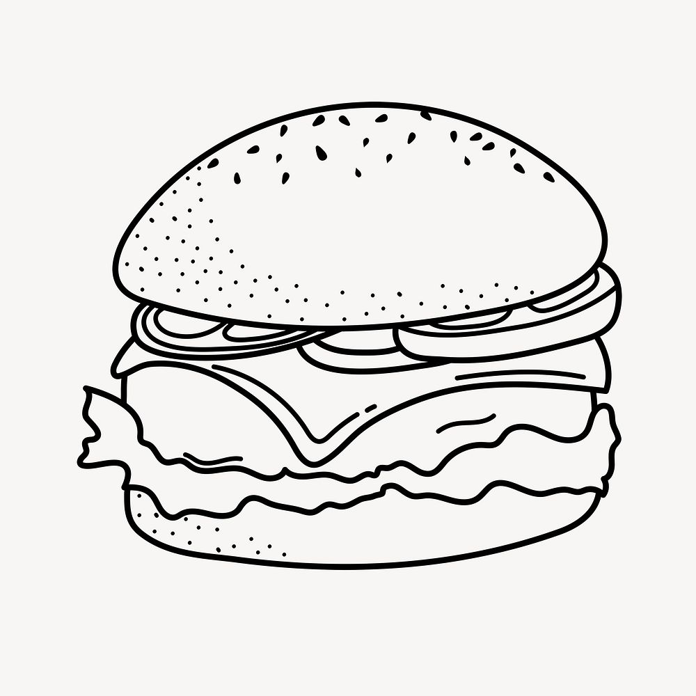 Hamburger doodle clipart, cute black & white illustration psd