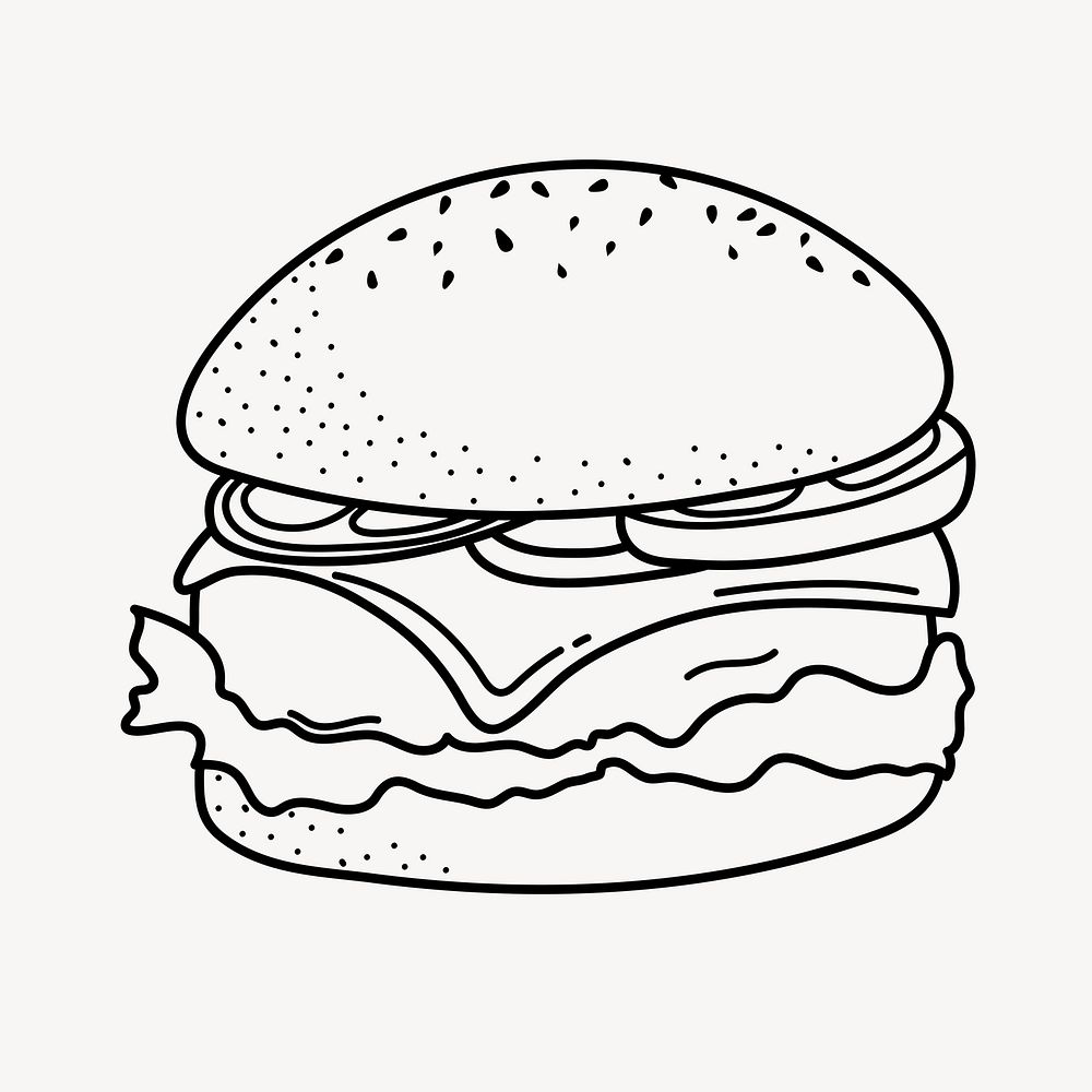 Hamburger doodle clipart, cute black & white illustration