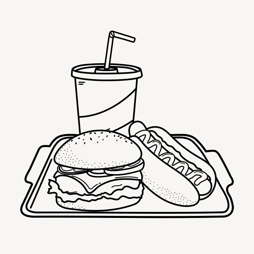 Fast food doodle clipart, cute black & white illustration psd