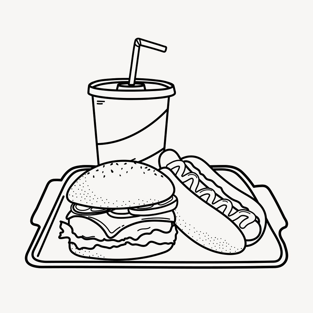 Fast food doodle collage element, cute black & white illustration vector