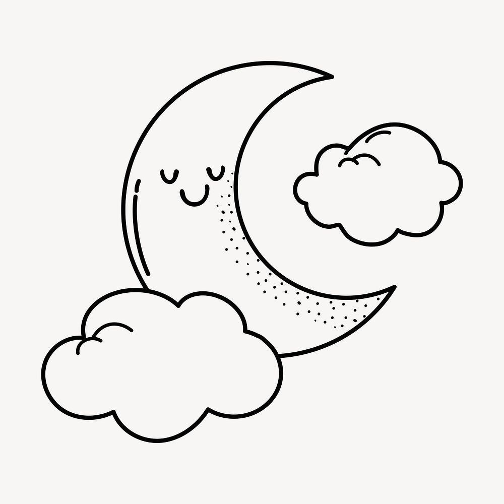 Moon doodle clipart, cute black & white illustration