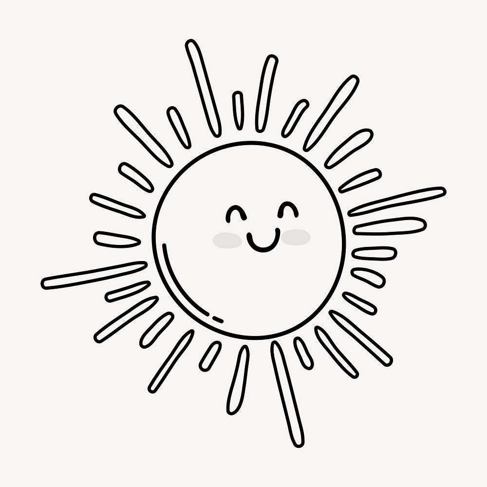 Smiling sun doodle clipart, cute black & white illustration psd