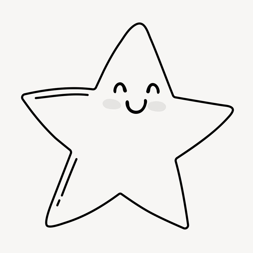 Smiling star doodle clipart, cute black & white illustration psd