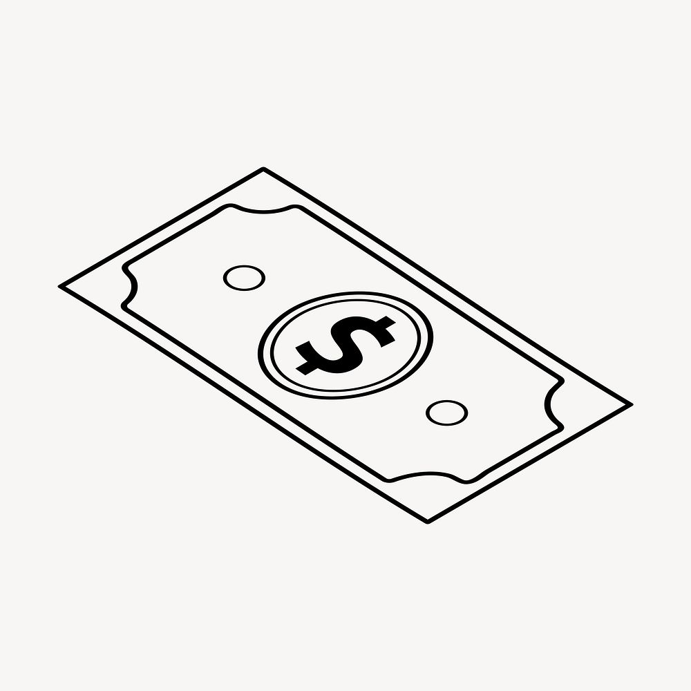 Dollar note doodle clipart, cute black & white illustration