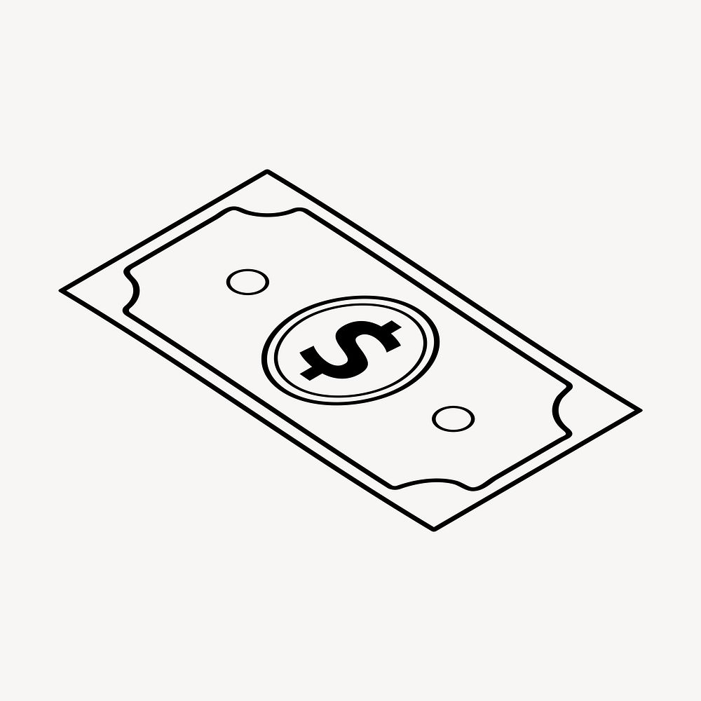 Dollar note doodle clipart, cute black & white illustration psd
