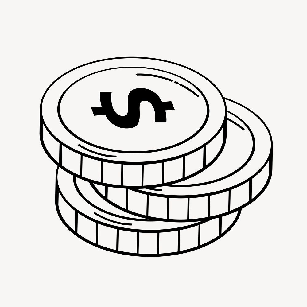 Dollar coins doodle clipart, cute black & white illustration
