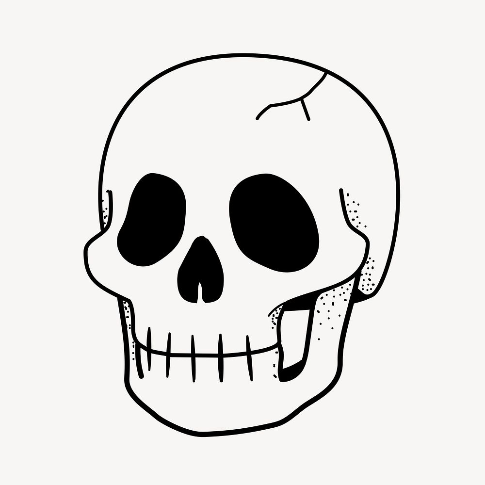 Skull doodle clipart, cute black & white illustration psd