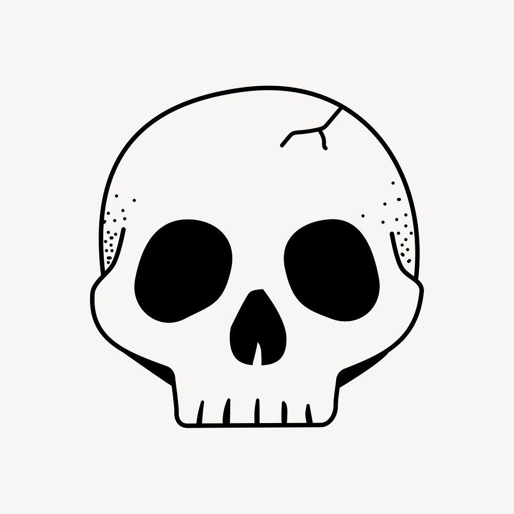 Skull doodle clipart, cute black & white illustration psd