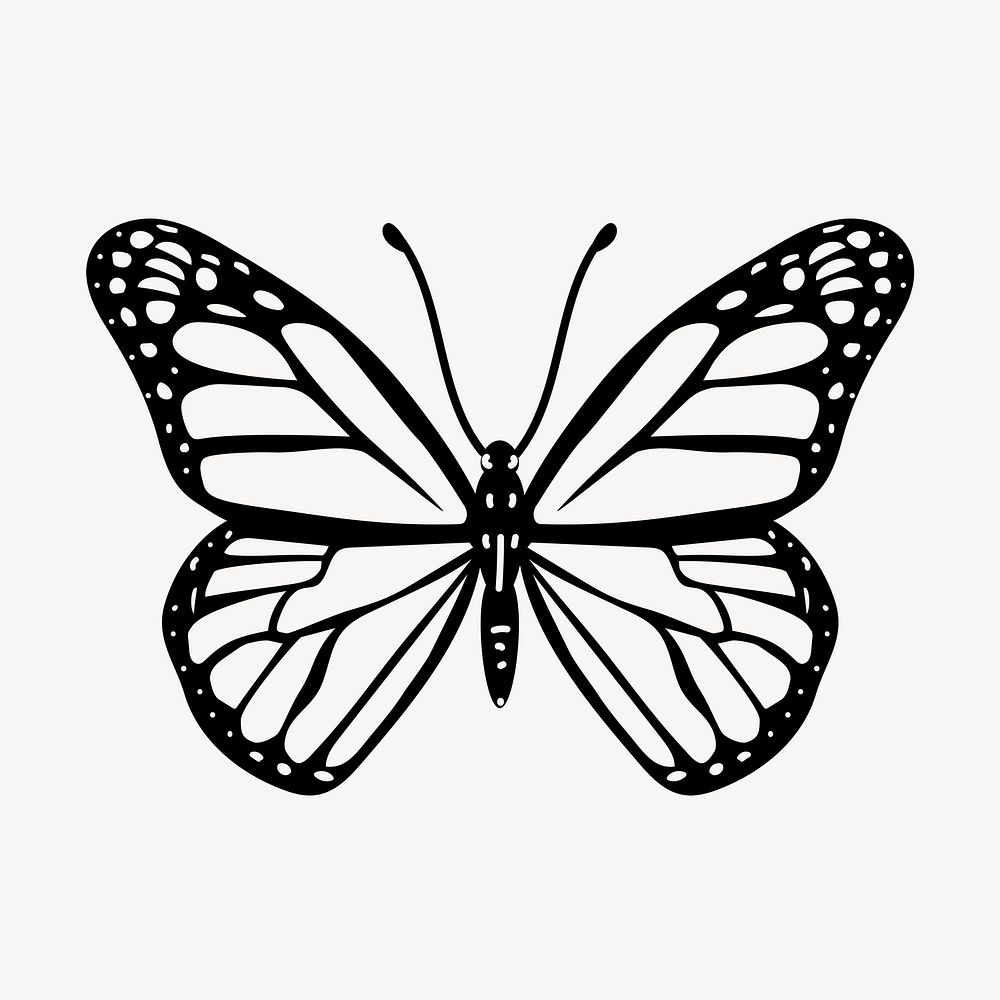 Butterfly doodle clipart, cute black & white illustration psd