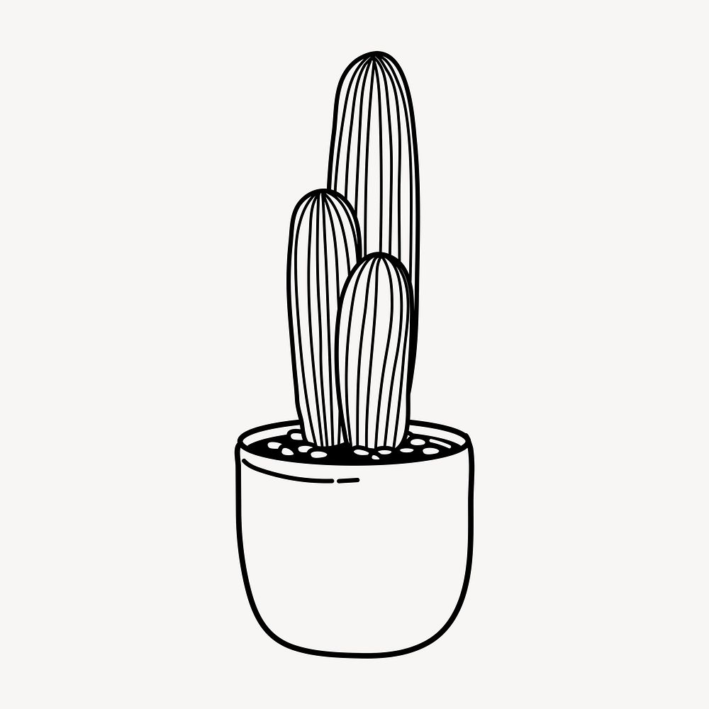 Cactus doodle clipart, cute black & white illustration psd