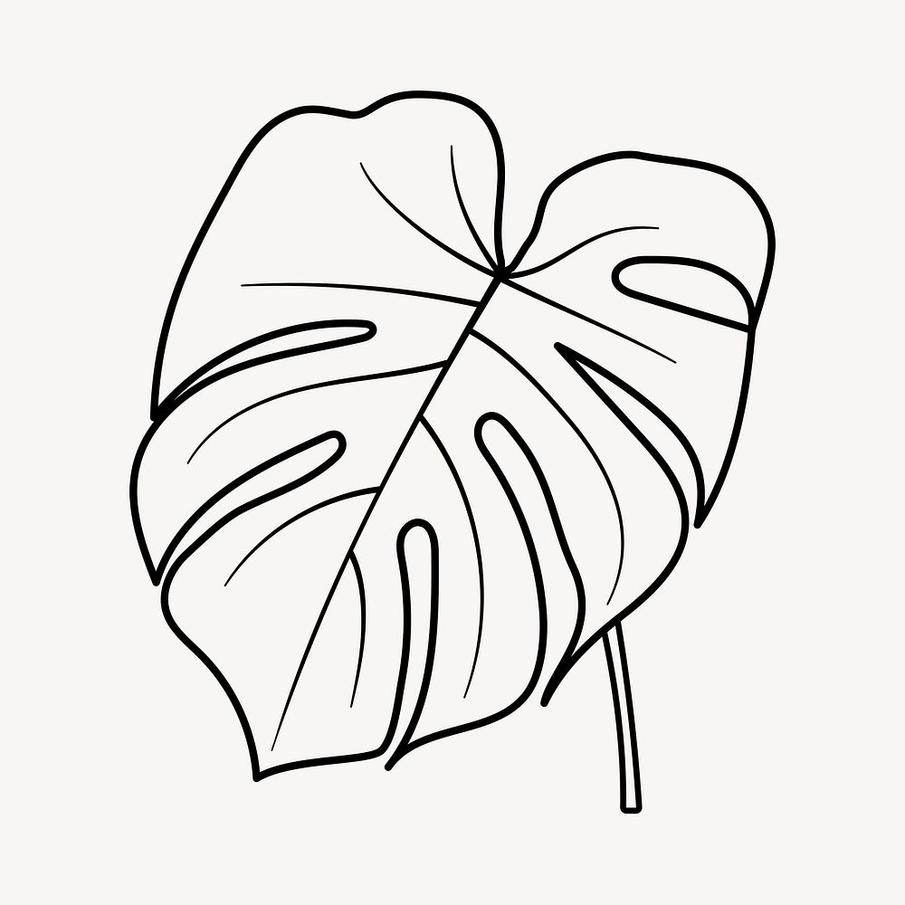 Monstera leaf doodle clipart, cute black & white illustration psd