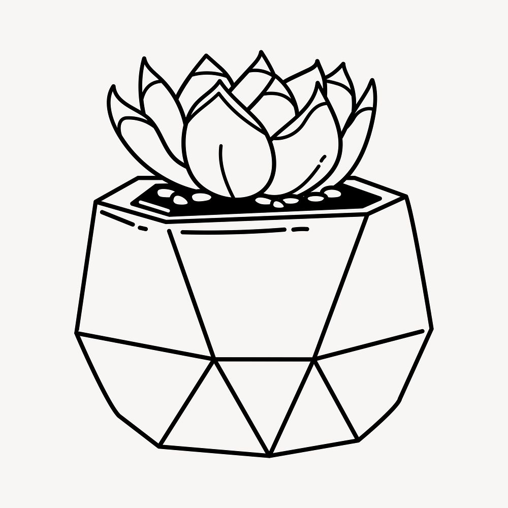 Succulent doodle clipart, cute black & white illustration psd