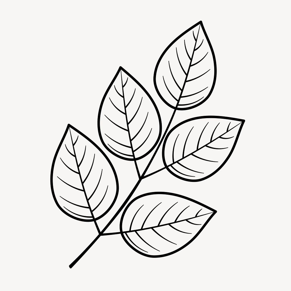 Leaf doodle clipart, cute black & white illustration