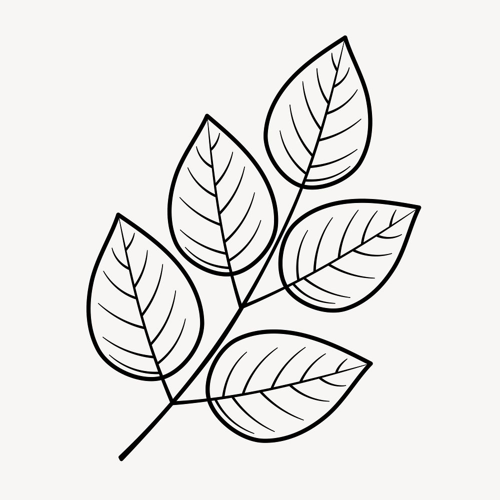 Leaf doodle clipart, cute black & white illustration psd