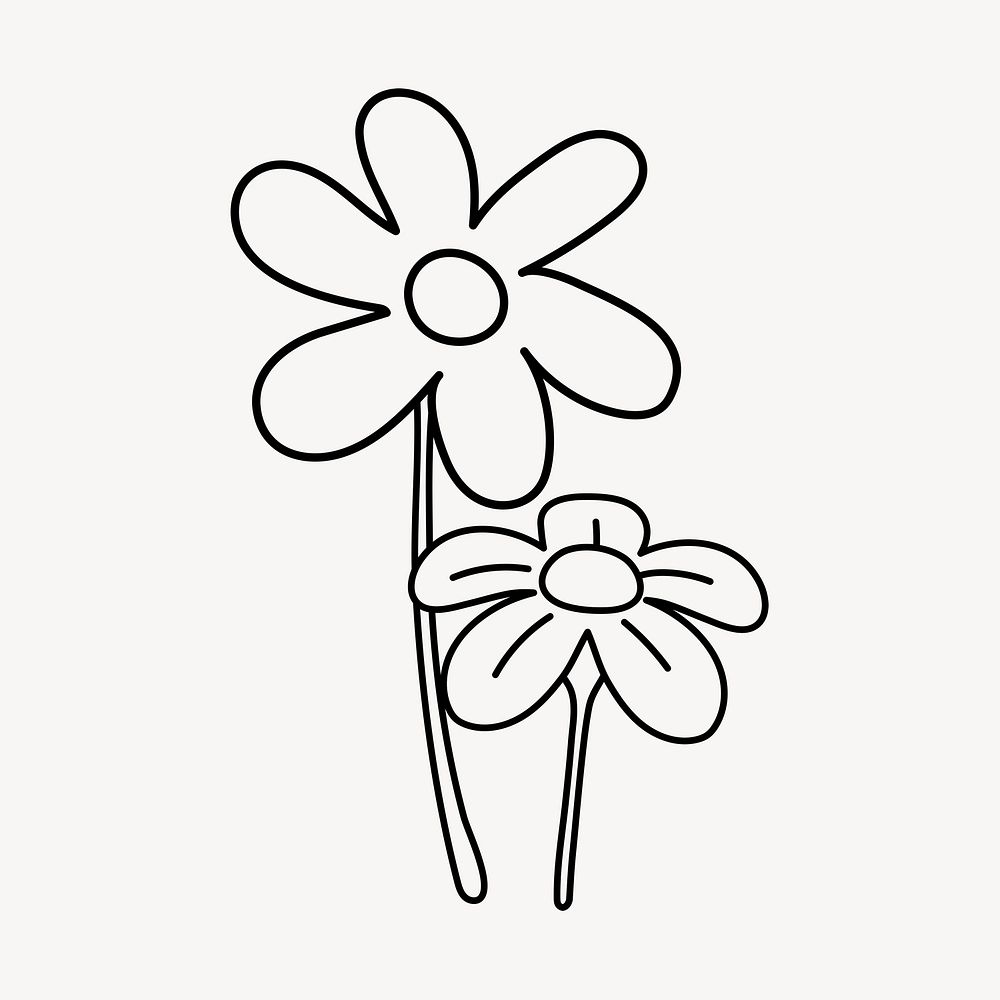 Flower doodle clipart, cute black & white illustration psd