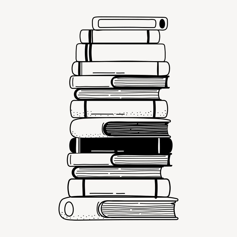 Book stack doodle collage element, cute black & white illustration vector