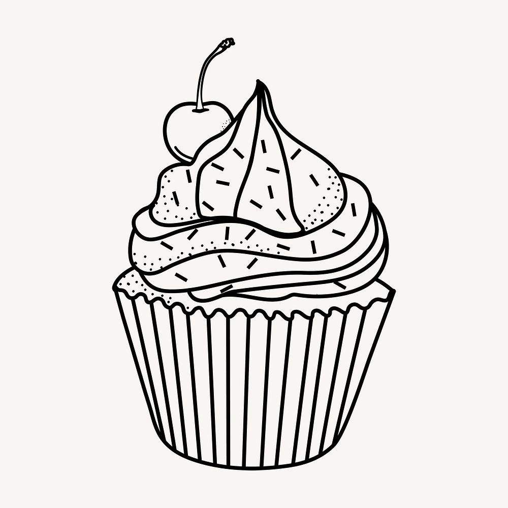 Cupcake doodle clipart, cute black & white illustration psd