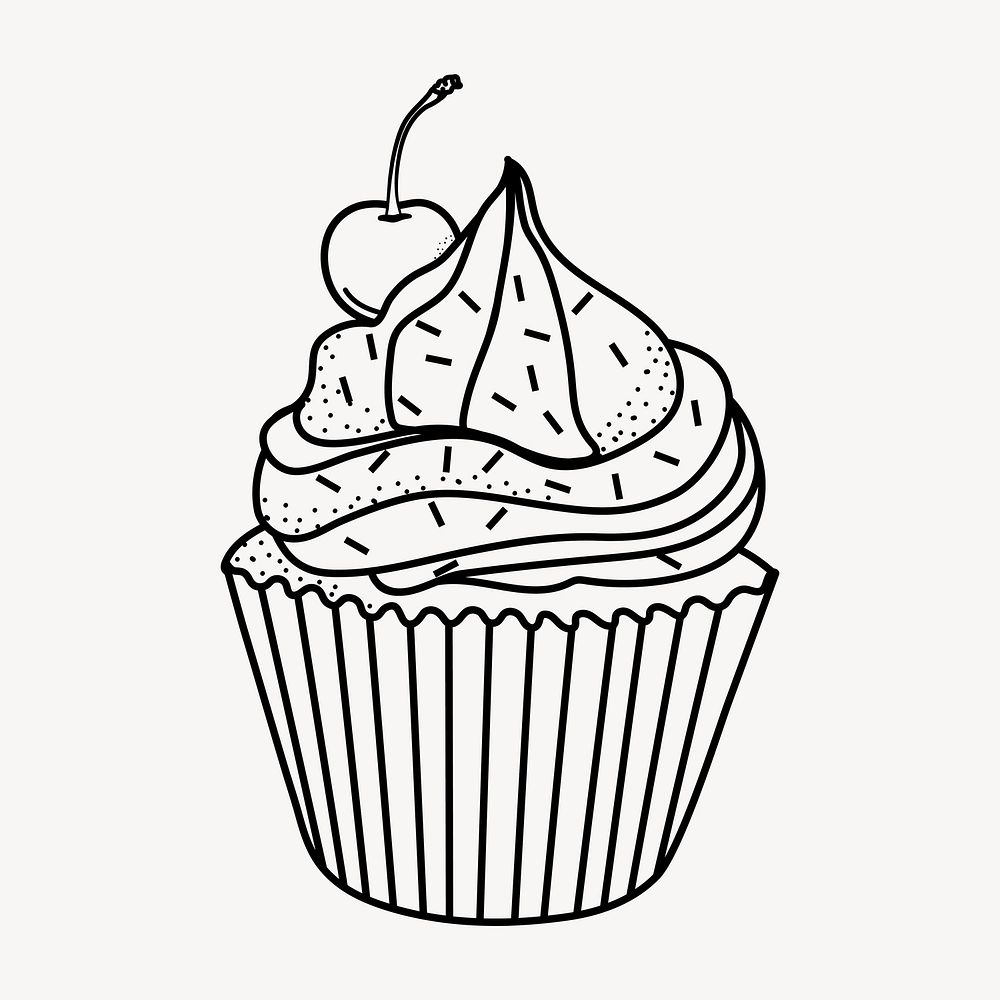 Cupcake doodle collage element, cute black & white illustration vector