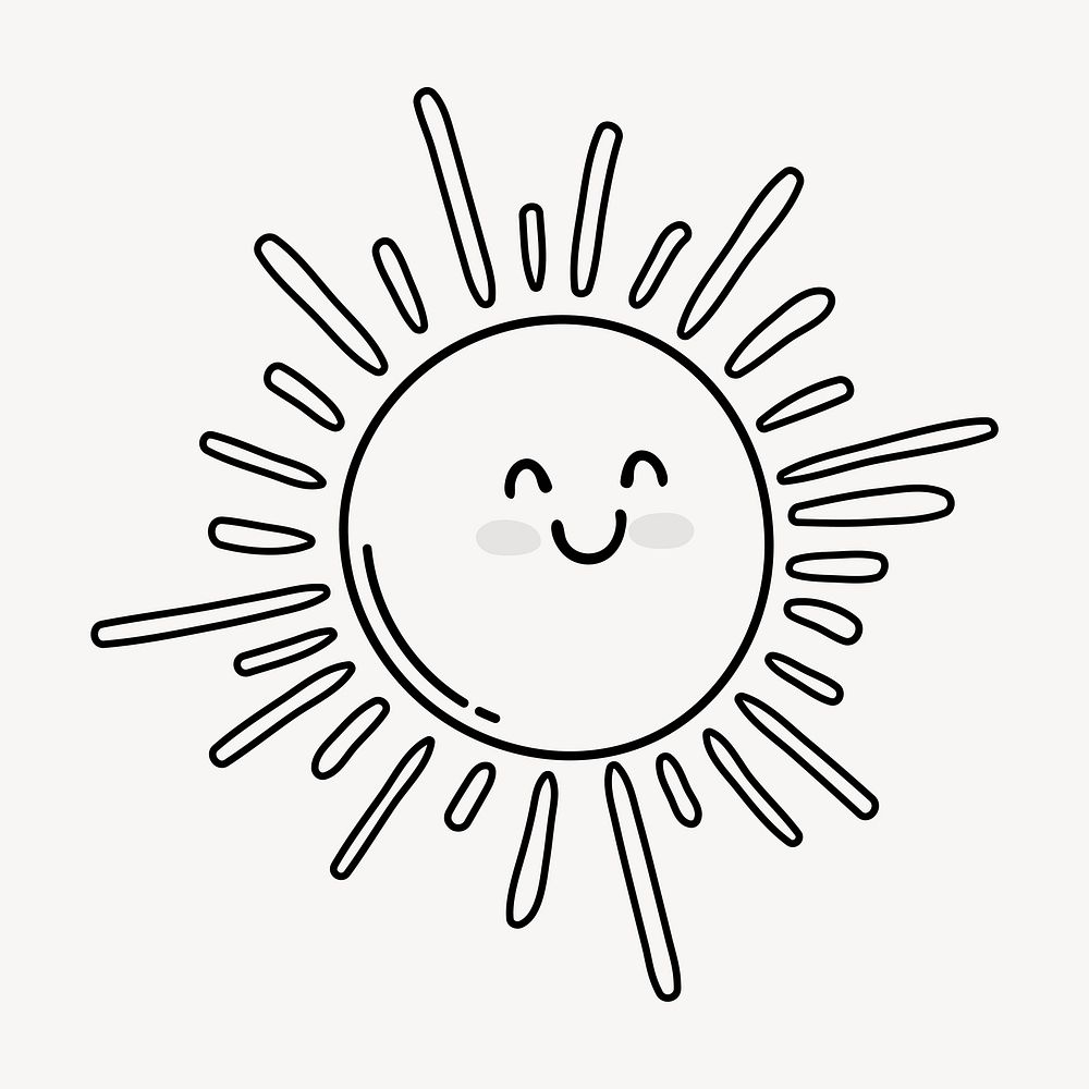 Smiling sun doodle collage element, cute black & white illustration vector