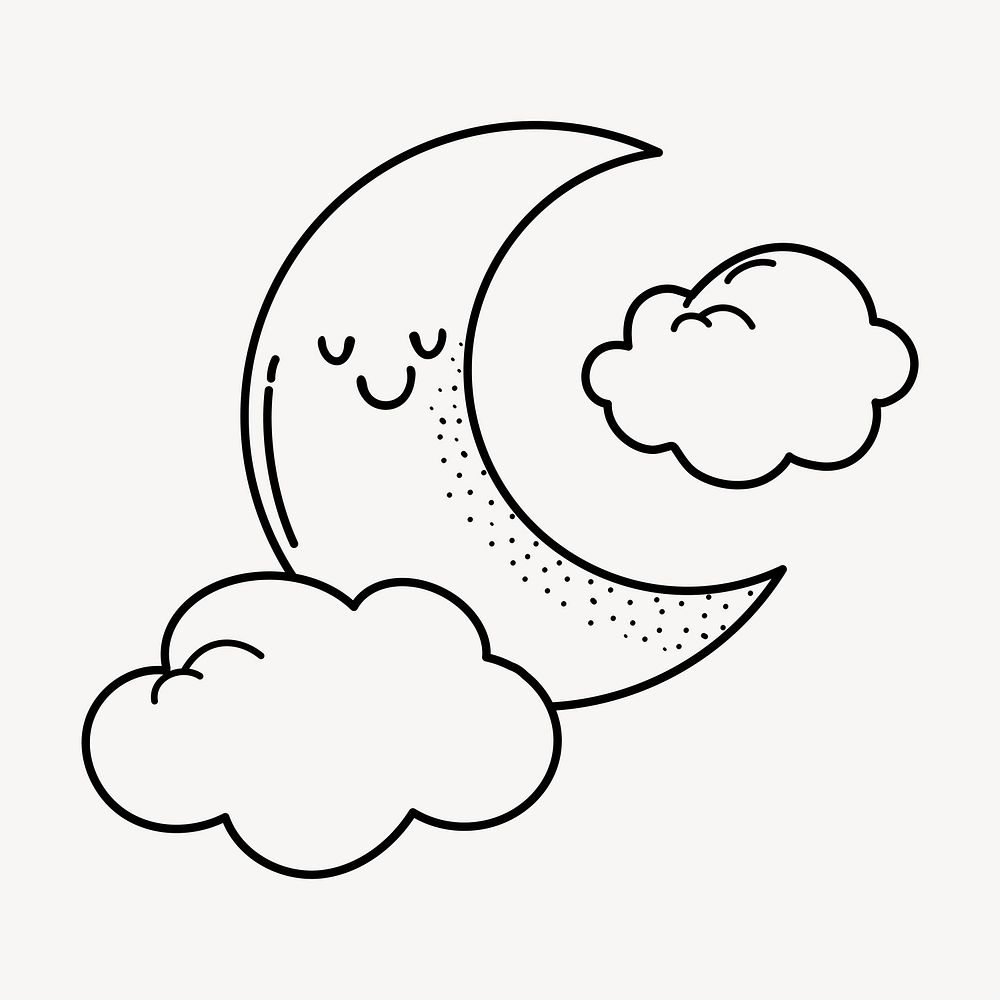 Moon doodle collage element, cute black & white illustration vector