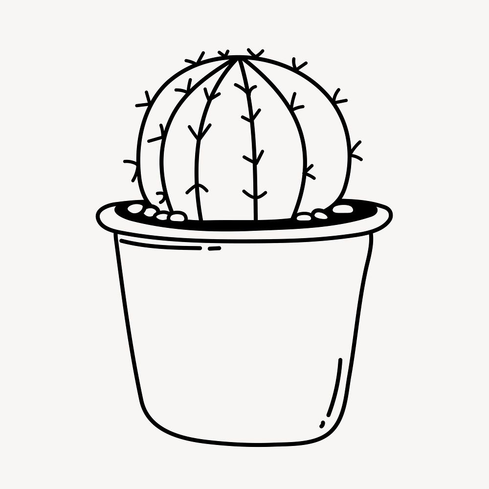 Cactus doodle collage element, cute black & white illustration vector