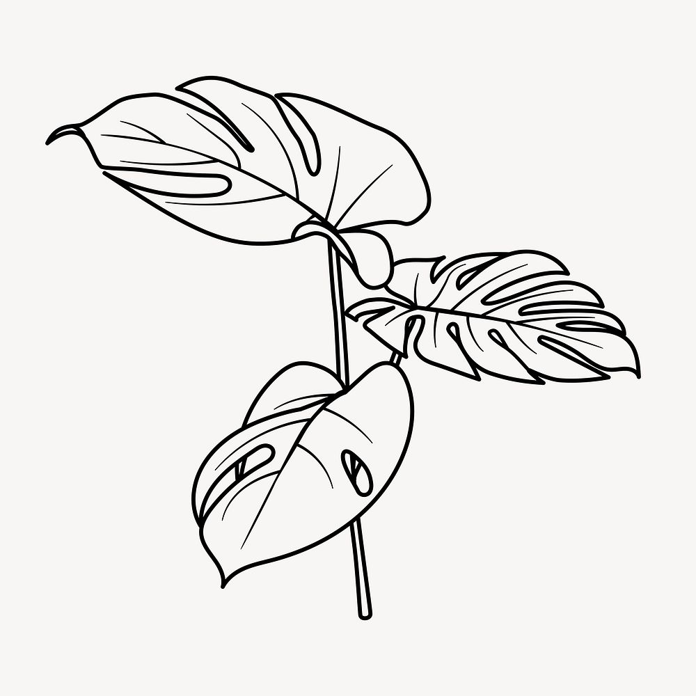 Monstera leaf doodle collage element, cute black & white illustration vector