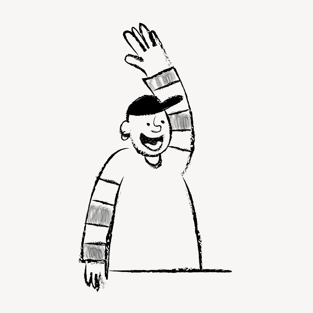 Man waving hand sticker, doodle in black vector