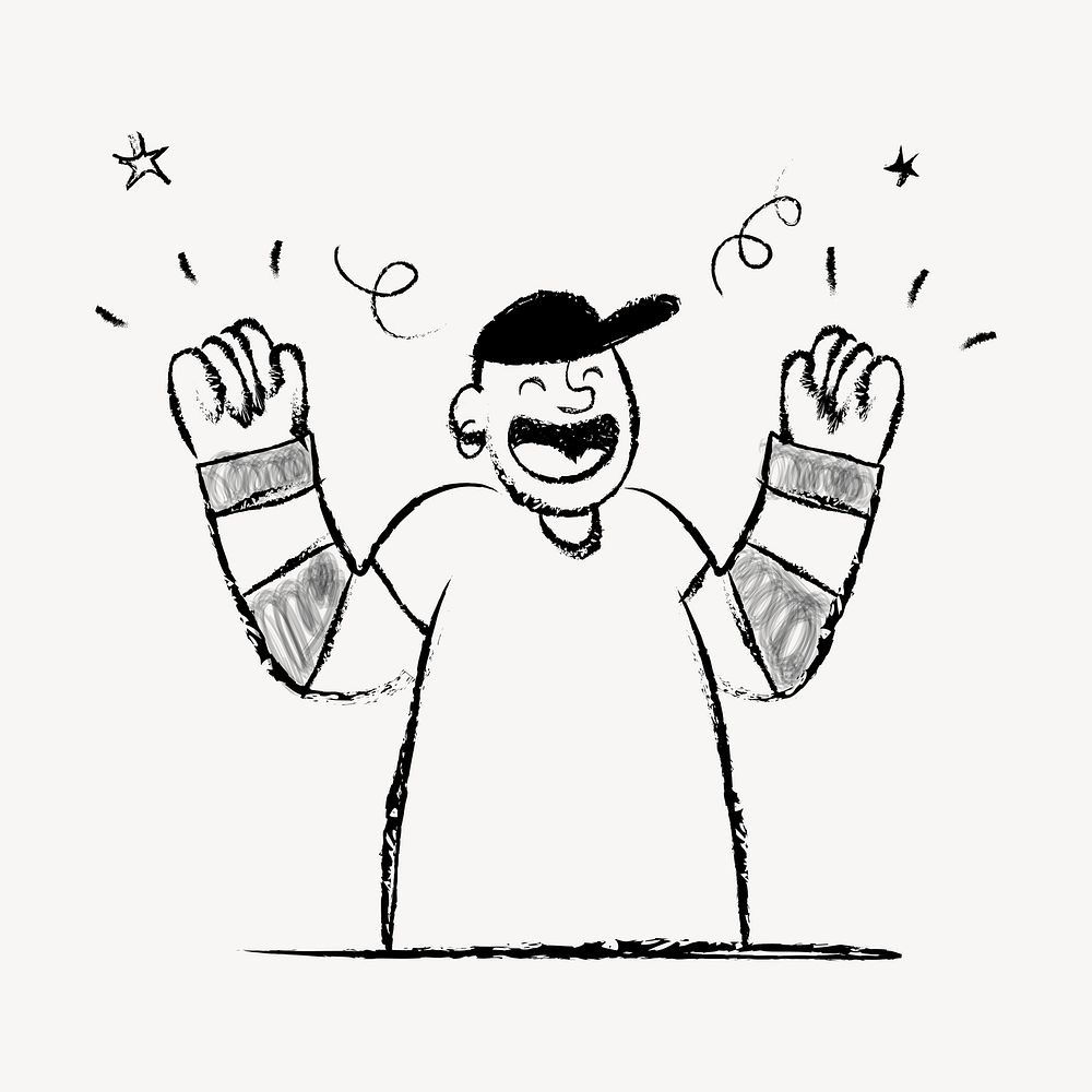 Happy man cheering, marketing doodle in black vector