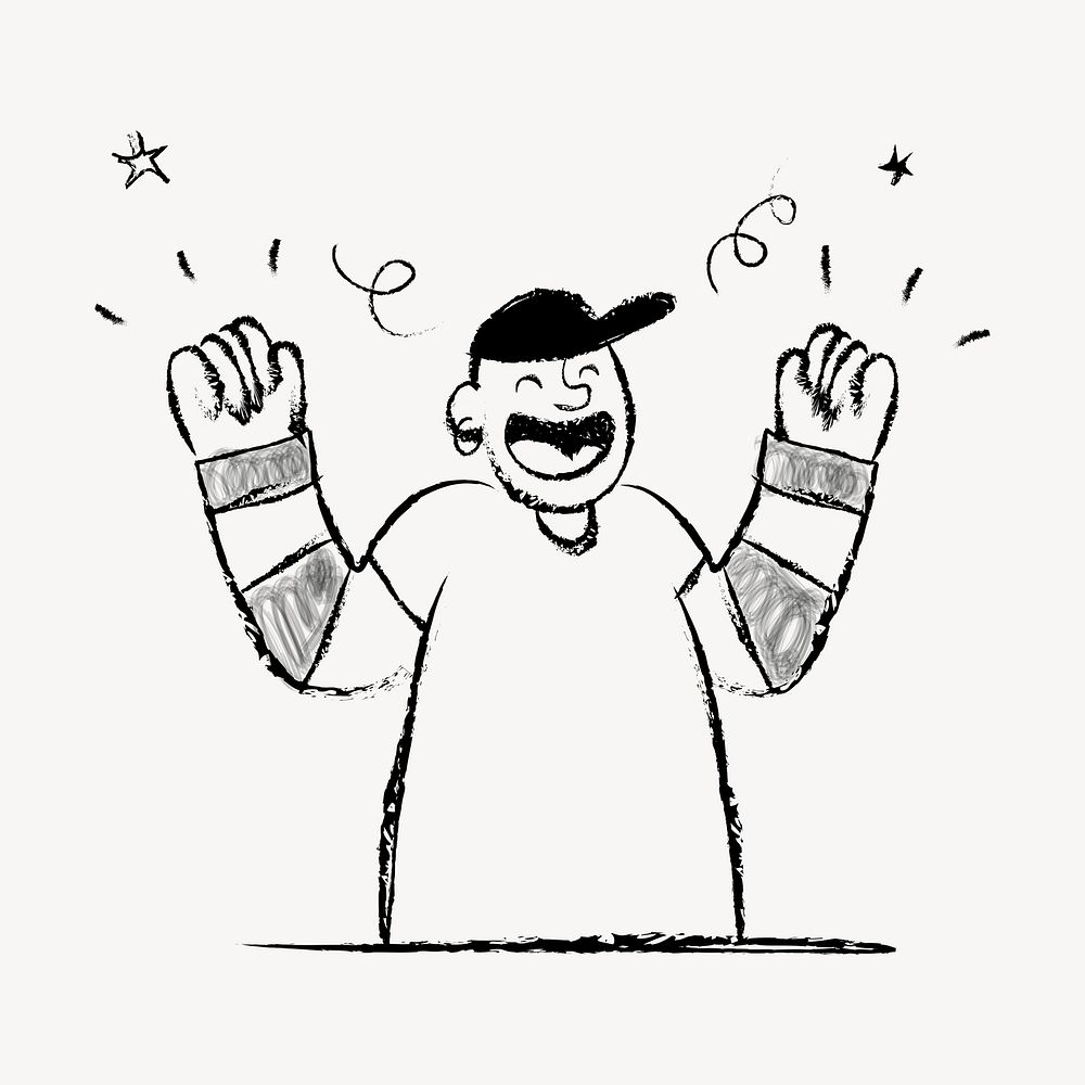 Happy man cheering, marketing doodle in black psd