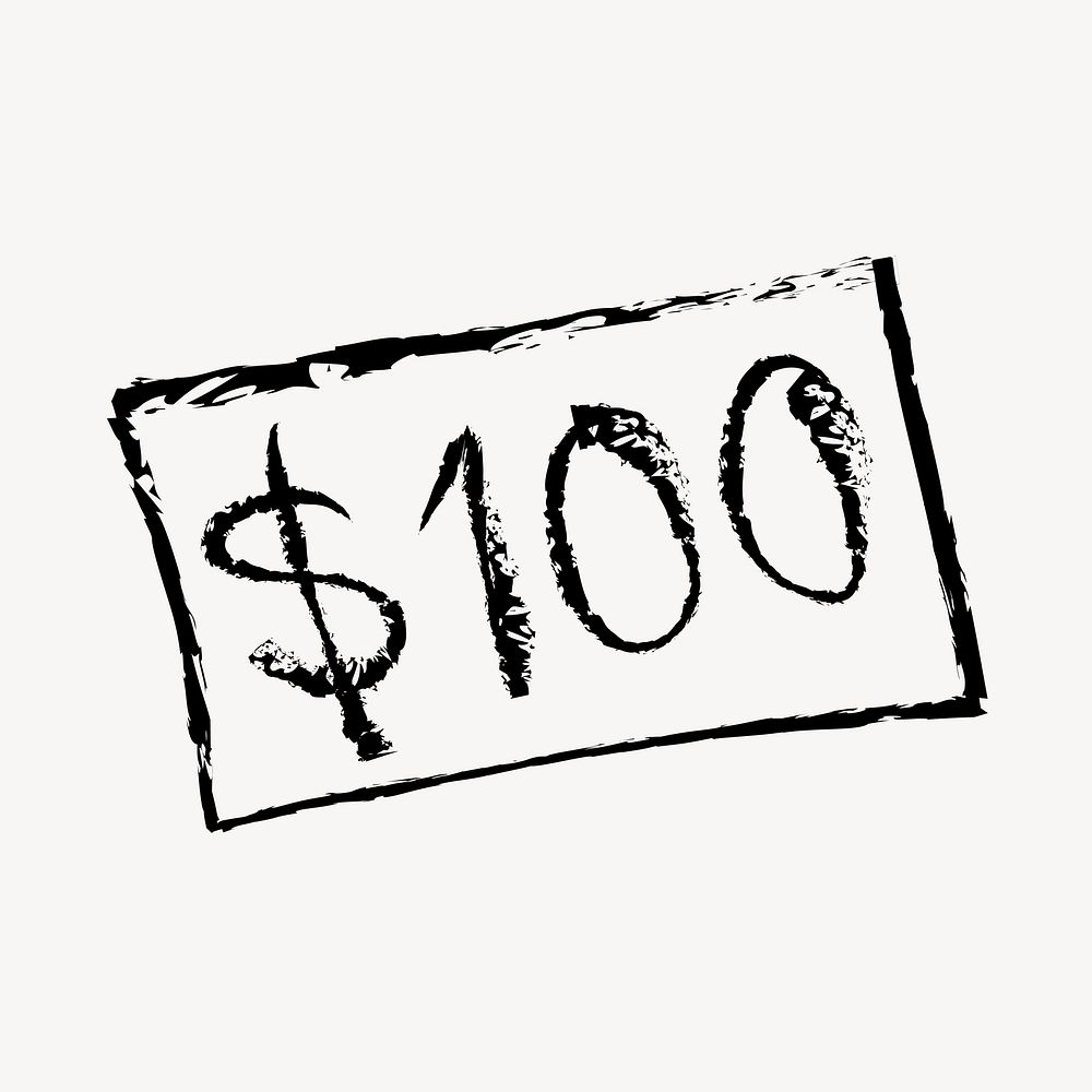 $100 dollar bill sticker, money doodle in black vector