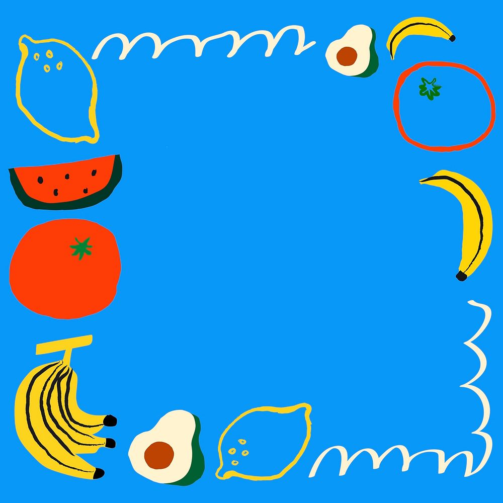 Fruity doodle frame background, blue colorful design psd