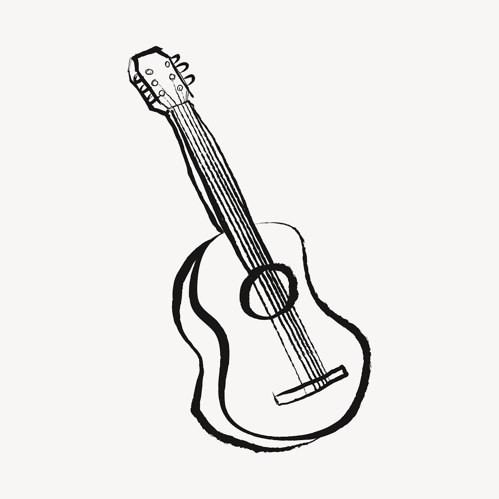 Acoustic guitar sticker, musical instrument doodle in black vector