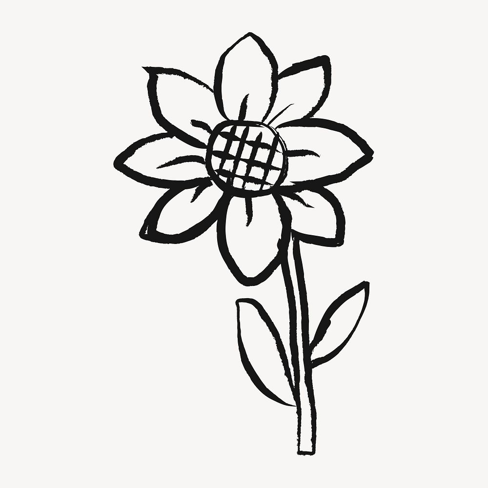 Sunflower sticker, flower doodle in black psd