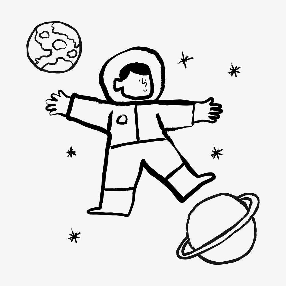 Cute astronaut, galaxy doodle in black