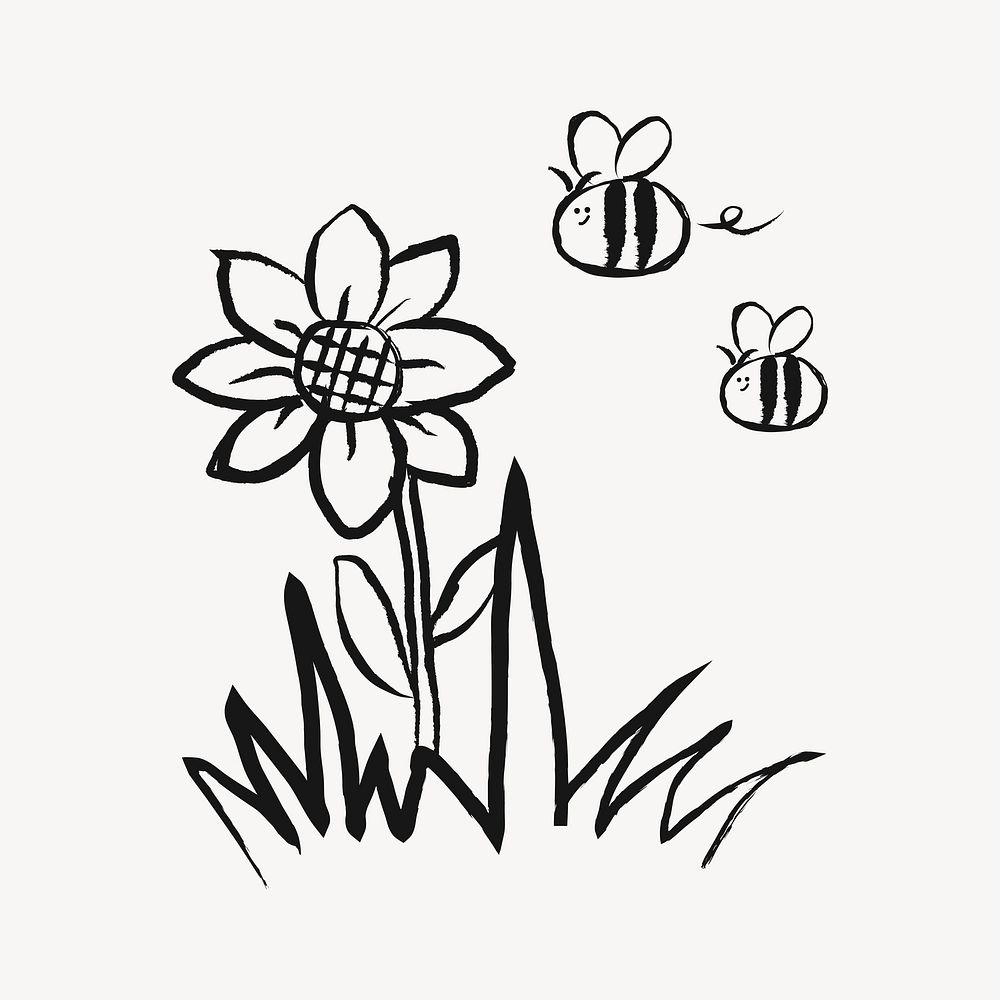 Sunflower sticker, flower doodle in black vector