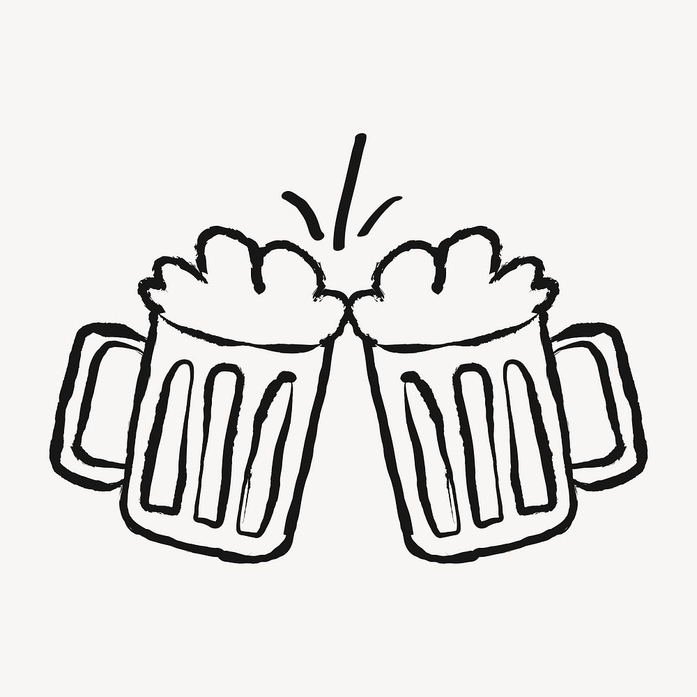Cheering beer glasses, alcoholic drinks doodle in black