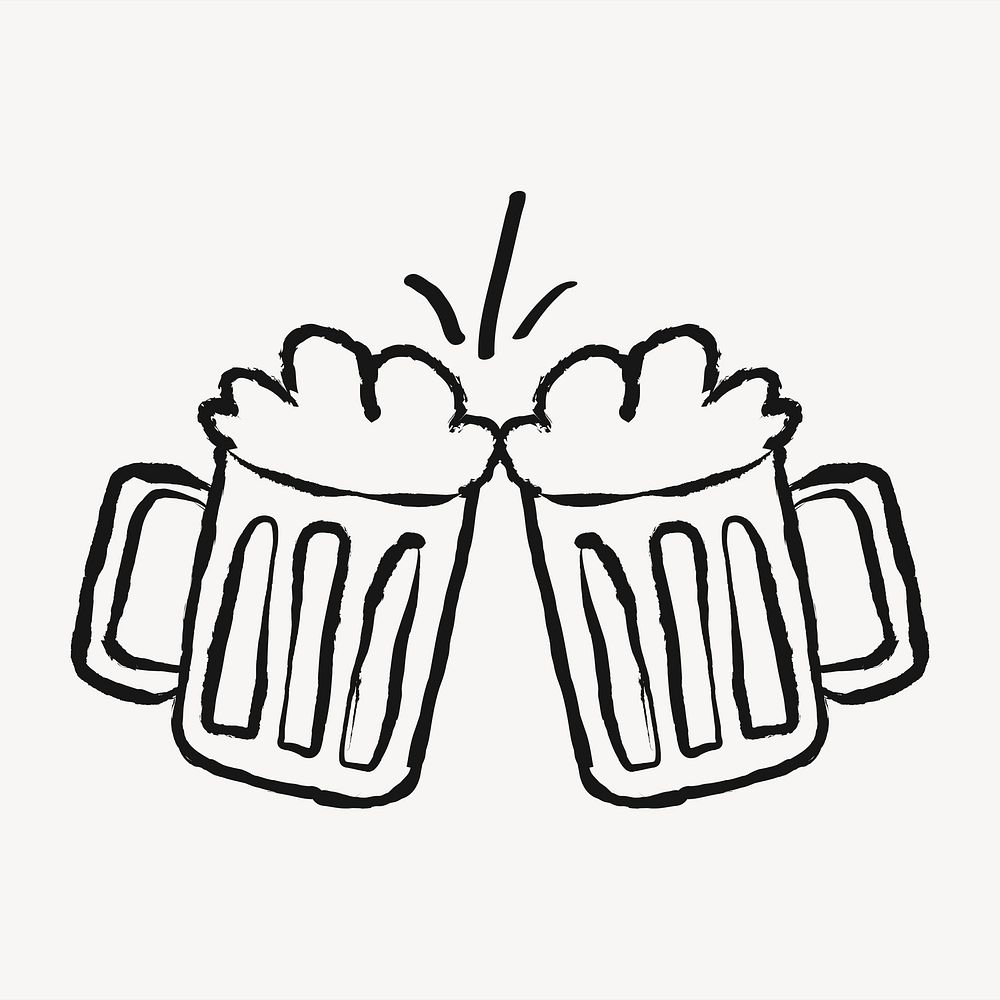Cheering beer glasses sticker, alcoholic drinks doodle in black psd