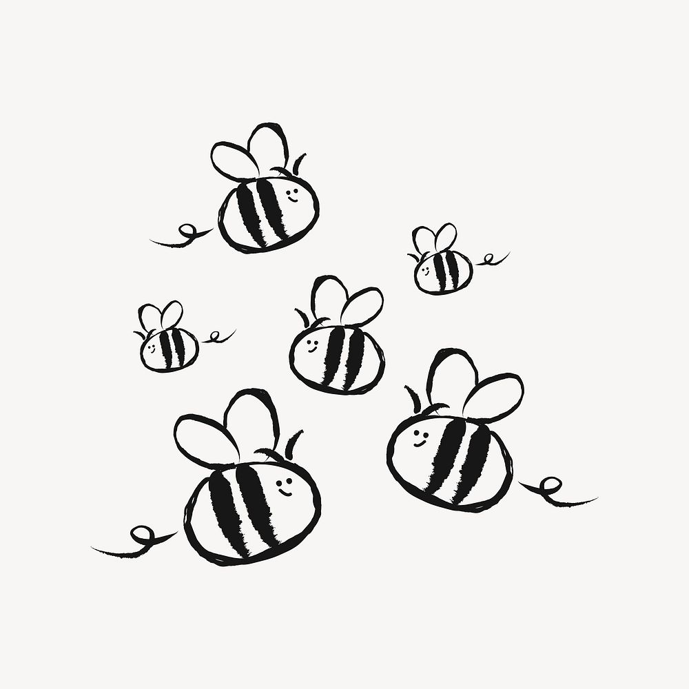 Flying bees sticker, animal doodle in black vector