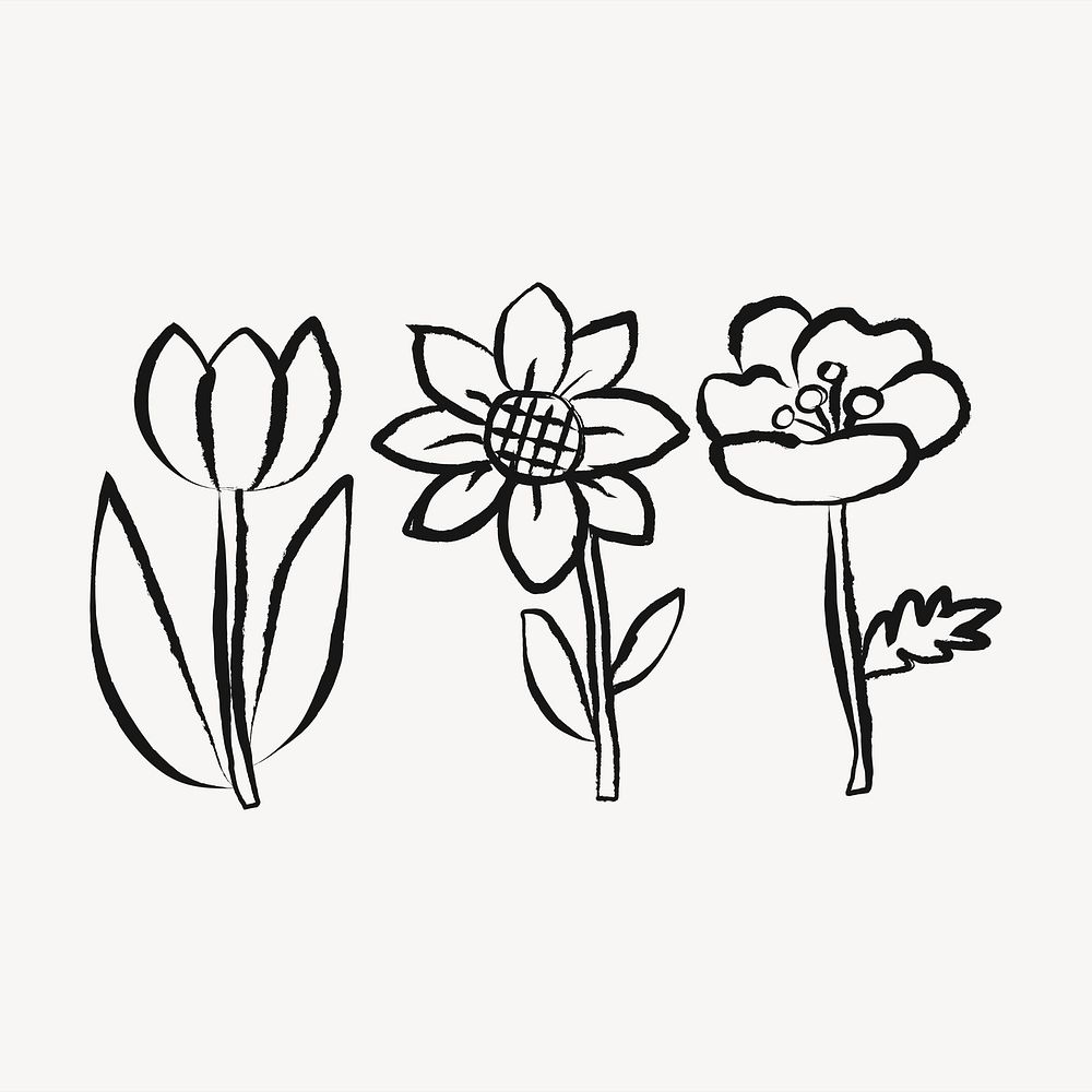 Blooming flowers sticker, doodle in black psd