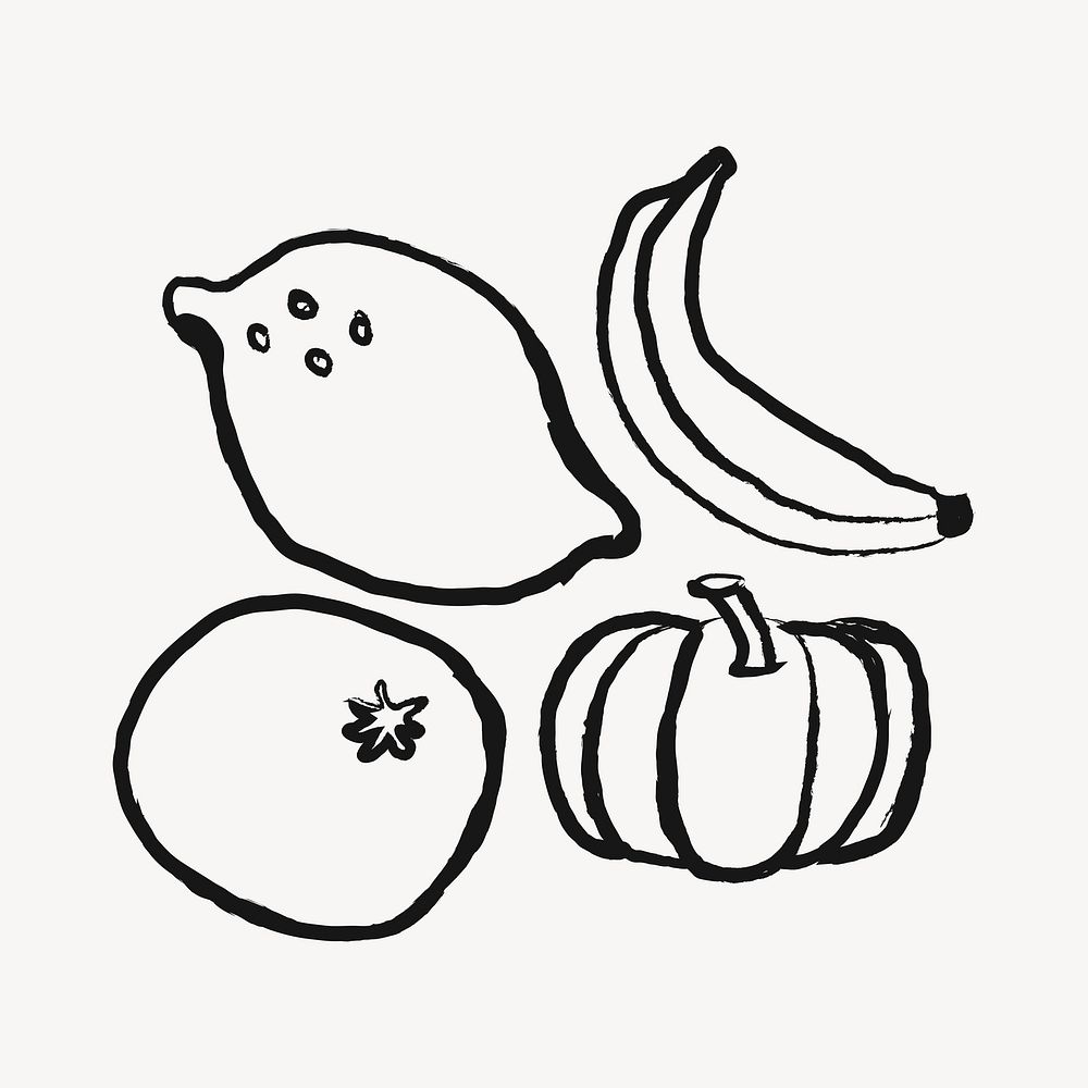 Fruits, vegetables doodle in black