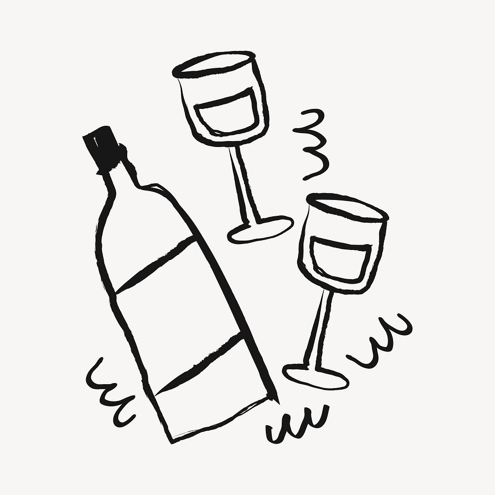 Wine glasses, alcoholic drinks doodle in black