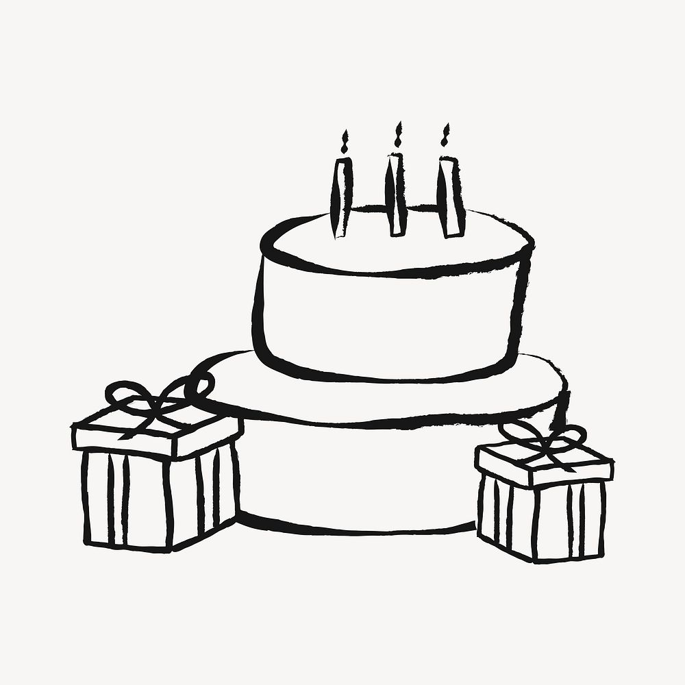 Birthday cake sticker, celebration doodle in black vector