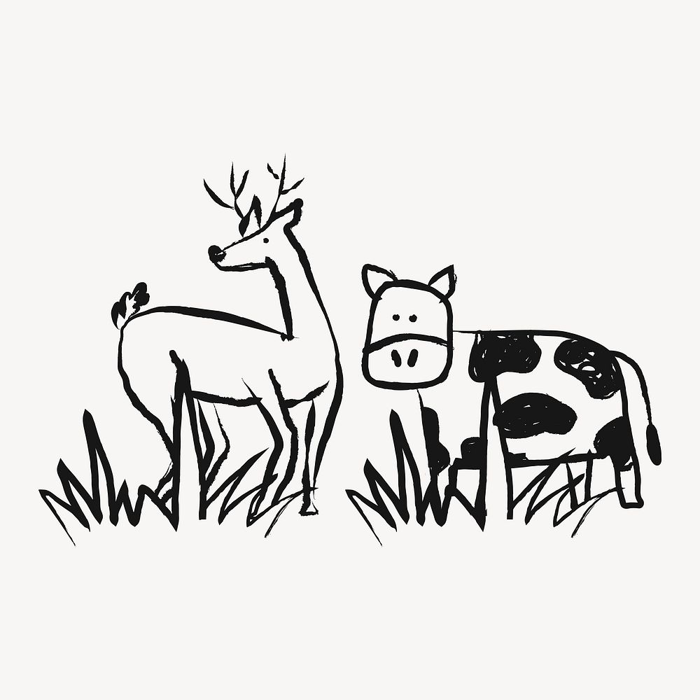Deer, cow sticker, cute animals doodle in black vector