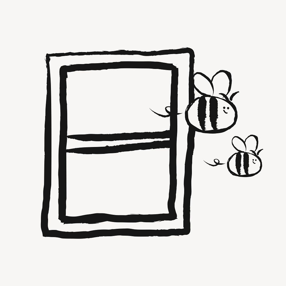 Flying bees sticker, animal doodle in black vector
