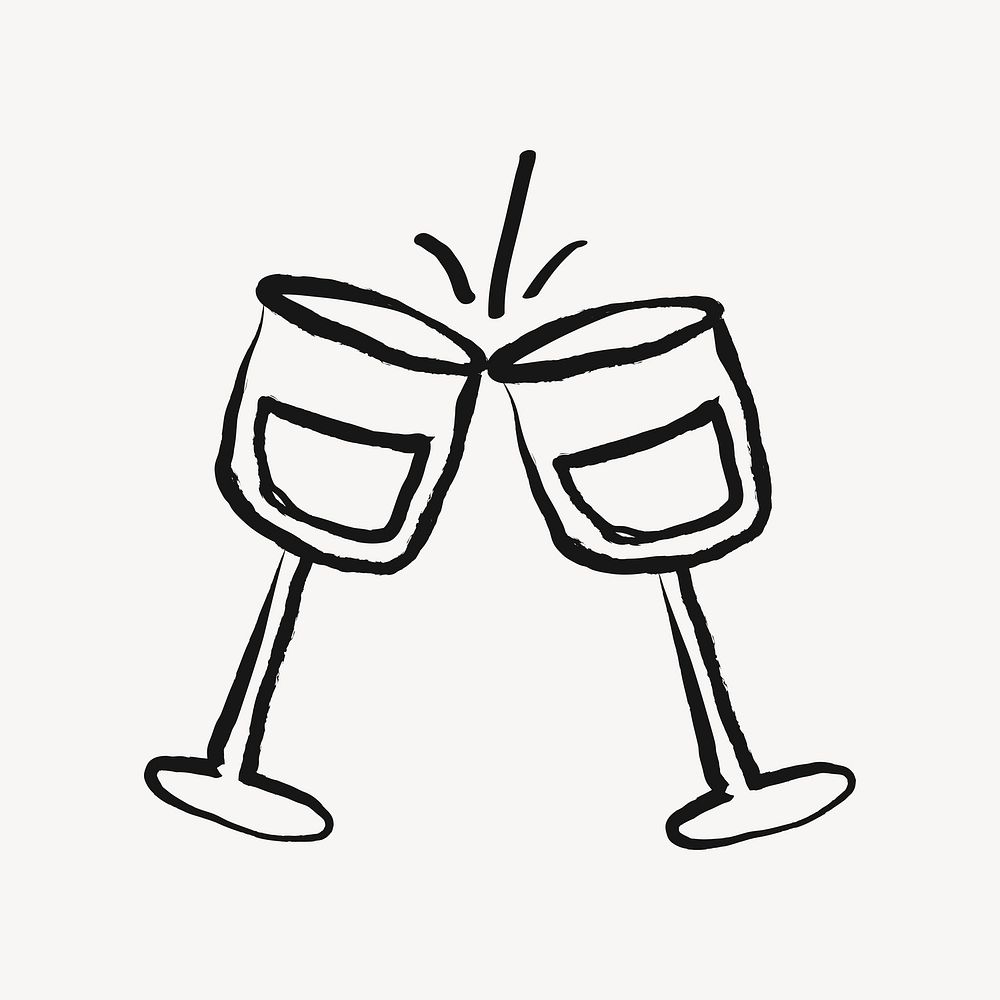Clinking wine glasses, alcoholic drinks doodle in black
