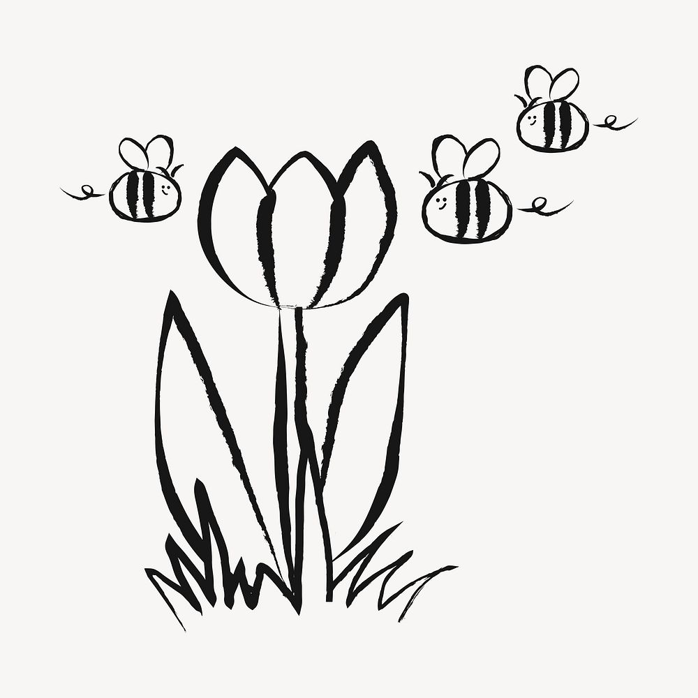 Tulip flower sticker, doodle in black vector