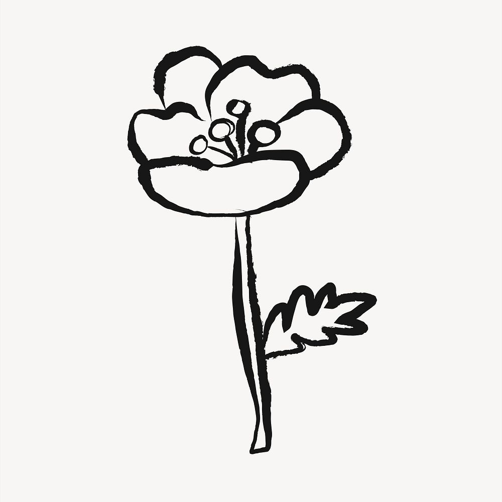 Blooming flower sticker, doodle in black psd